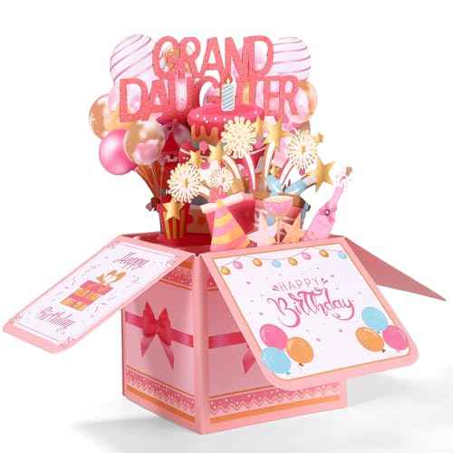 Happy Birthday Pop Up Card for Granddaughter, Colorful Balloons & Fireworks 3D Birthday Card with Envelope Creative Gift for Grand-Daughter from Grandparents