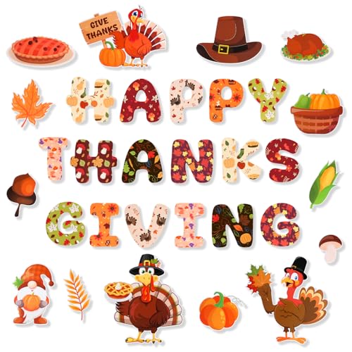 Konsait 31Pcs Thanksgiving Bulletin Board Decorations, Turkey Pumpkin Fruits Gnome Happy Thanks Giving Cutouts for Bulletin Board, Thanksgiving Decoration for School Home Office