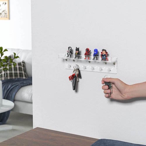 YUEHUA Magnetic Key Holder for Refrigerator, Acrylic Wall Mounted Key Rack with Mail Organizer for Home, Adhesive Key & Mail Holder Hanger - 6 Hooks (Clear)