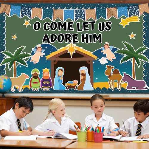 Christian Nativity Religious Bulletin Board Set 2025 VBS Christian Jesus Birth Classroom Decorations Border Cutout for Sunday School Church Chalkboard Wall Decor Summer Christmas Holiday