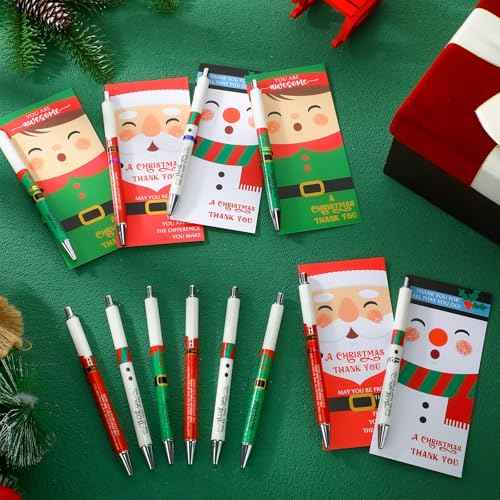 50 Sets Christmas Bulk Glitter Christmas Santa Claus Pens Novelty Snowman Elf Inspirational Pens with Thank You Cards Xmas Gifts for Employee Staff Teacher Coworker