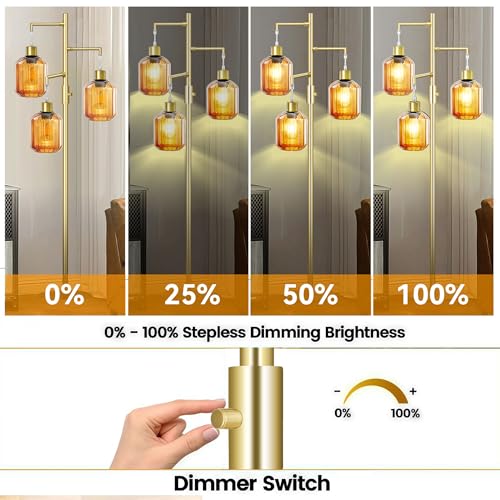 Gold Floor Lamp for Living Room, Modern Mid Century Standing Lamp with Amber Glass Shade, Dimmable Tall Tree Lamp with 3¡¿6W LED Bulbs, Tall Lamp for Bedroom Office