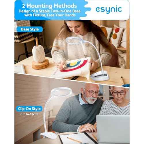 eSynic Magnifying Glass with Light and Stand USB-C Rechargeable 5X &10X 110mm Large Len 15 LEDs 3 Brightness Levels Flexible Desktop Magnifier Lamp with Clamp & Base for Reading Crafts Jewelry Repair