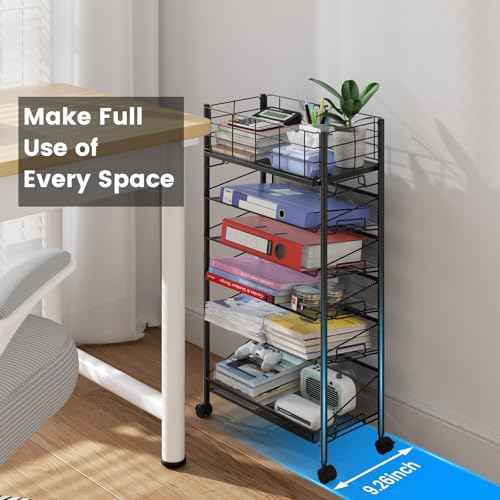 Rolling File Cart with Wheels, 6 Tier Metal Rolling File Organizer Cart Beside Desk,Mobile Book Carts with Wheels for Office Home School Teacher Classroom Paper Letter Organization,Black