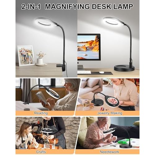 ?Flexible Gooseneck 2-in-1 Magnifying Glass with Light and Stand,10x & 5x Real Glass Lens Magnifying Lamp, 5 Color Stepless Hands-Free LED Desk Lamp with Clamp for Painting, Crafts, Reading (White)
