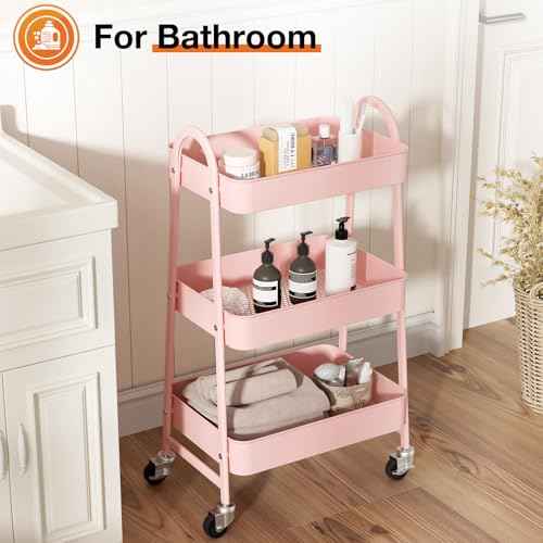 Sweetcrispy 3 Tier Metal Storage Utility Cart with Wheels, Kitchen Organizer Trolley Rolling Bathroom Laundry Room Bar Office Shelves Mobile Shelving Unit Caster for Snack Bedside Narrow Places, Pink
