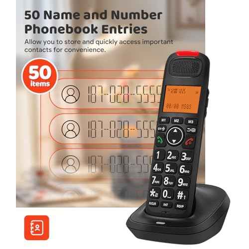 Sangyn Compact Cordless Phone with DECT 6.0, Speed Dialing, Audio Assist, Large Display and Big Buttons Home House Phone, Black