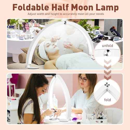 HITTI 29in Half Moon Light for Nail Desk with Phone Holder, Foldable Nail Tech Light, Lash Table Lamp with Wire Controller & Remote, 7 Color Modes 10 Brightness for Extension Tattoo Craft Beauty-White