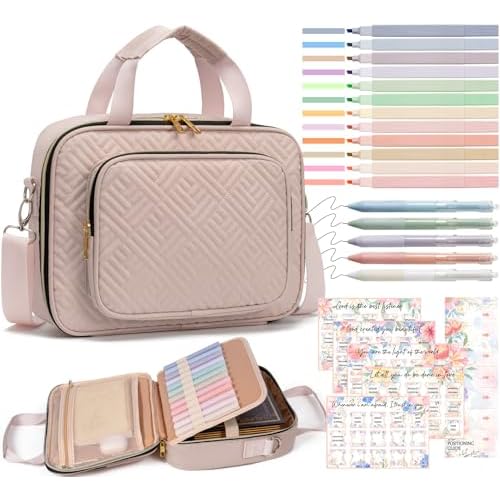 Bible Cover Case for Women, Large Bible Bag w/Shoulder Strap, Bible Study Supplies Journaling Kit Pink Book Carrying Case with Pastel Highlighters Tabs, Christmas Christian Gifts for Women Mom Friends