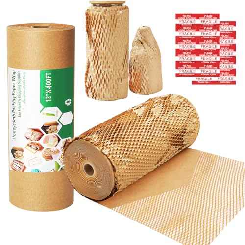 Honeycomb Packing Paper Wrap 12"x400' Sustainable Alternative to Bubble Cushioning Wrap Biodegradable & Fully Recylable for Moving/Shipping/Packing Roll with 20 Fragile Stickers