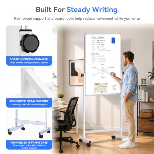 Maxtek White Magnetic Whiteboard on Wheels 44x28in Silver Adjustable Height