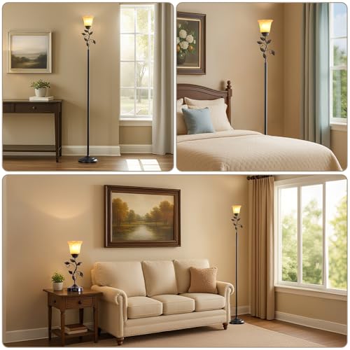 72¡± Flower Farmhouse Floor Lamp for Living Room, Unique Rustic Leaf Tall Standing Lamp with Amber Glass Shade and Traditional Foot Switch for Bedroom, Corner, Office, Bulb Included (Bronze)