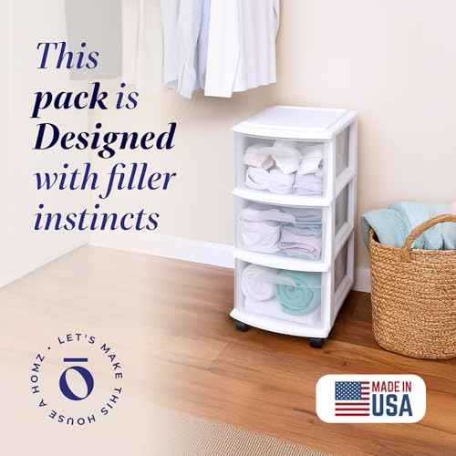 HOMZ Drawer Tower, 3-Tier Clear Plastic Storage Organizer Cart, White Frame - Heavy-Duty Organizing Drawers for Home, Bedroom, and Closet Organization