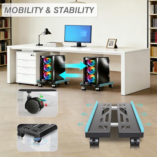 Hmfmdy Black Adjustable Mobile CPU Stand with Locking Casters, Under-Desk Computer Tower Cart