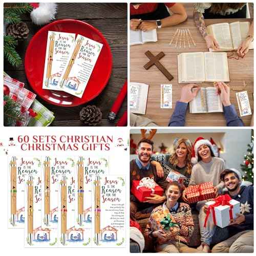 60 Sets Christmas Christian Gifts Jesus Loves You Bamboo Christian Pens Retractable Bible Verse Pens Bulk with Religious Christmas Cards Church Gifts for School Women Men