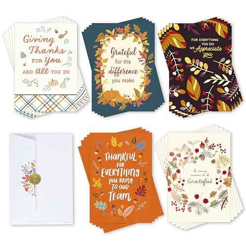 Hallmark Thanksgiving Cards for Employees ? 25 Pack Assorted Designs with Envelopes & Gold Seals ? Appreciation Greeting Cards for Staff & Volunteers ? 5 Unique Messages
