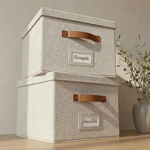 Ivory Linen File Organizer Box Set of 2 - Collapsible Desk & Office Storage