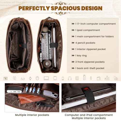RAINSMORE Mens Messenger Bag 17 Inch Waterproof Vintage Leather Laptop Briefcase Large Computer Laptop Bag Satchel Bag Retro Shoulder Bag,Brown
