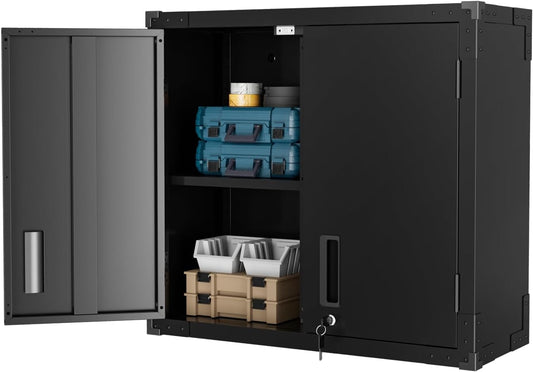 VINGLI Garage Wall Cabinet - Locking Doors & Adjustable Shelf | Metal Floating Storage (Black, 30''W x 12''D x 28''H)