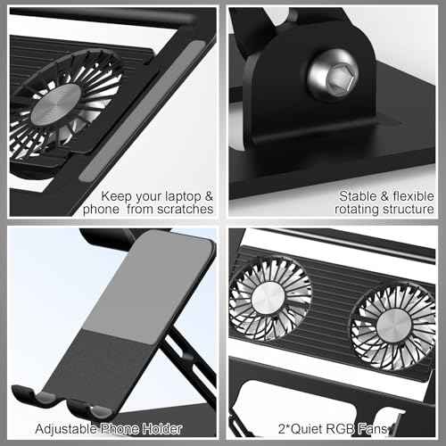 Laptop Stand with Fan, MacBook Cooling Stand with 2 Removable Silent Fans and Phone Holder,Adjustable Height and Angle,Laptop Cooling Pad for 10-18 Inch Laptop,MacBook Pro,Tablet (Black)