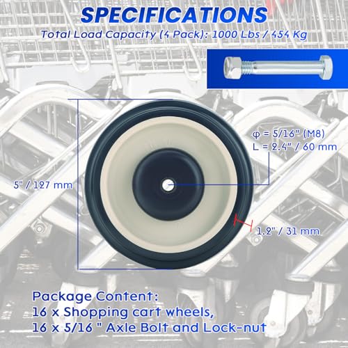Shopping Cart Casters Replacement, 16 Pack 5-inch Diameter Cart Wheels with Axles Bolts, Silent Supermarket Caster (Blue)