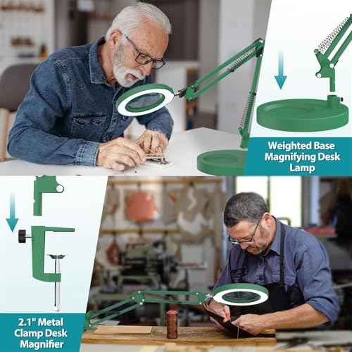10X Magnifying Glass with Light and Stand, Green 2-in-1 Desk Lamp & Clamp Light, 5 Color Modes, Brightness Stepless Dimming LED Lighted Magnifier Hand-Free, Magnifier Lamp for Crafts - Green