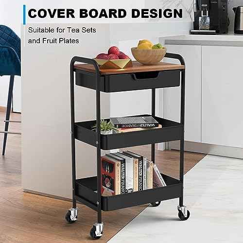 3 Tier Rolling Cart with Drawer, Metal Utility Cart on Wheels Storage Cart with Wood Top, Kitchen Cart Art Cart Organizer for Bathroom Office Balcony Living Room