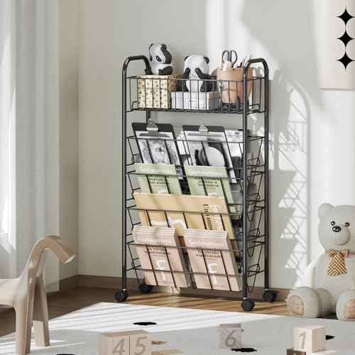 TOOLF 5 Tier Mobile Bookshelf, Metal Rolling Book Cart with Wheels, Movable Book Storage Organization for Classroom Dorm School Home, Rolling File Cart for Office Study, Black