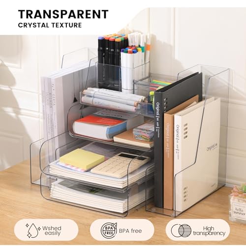 Desk Organizer with 2 Vertical File Holder, 4 Tier Stackable Paper Letter Tray File Organizer with 5-Compartments Pen Holder, Clear Desktop Organizer Office Organization and Storage