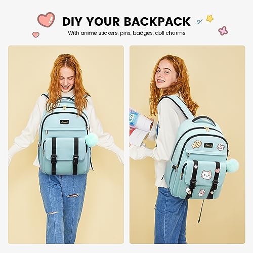 LOVEVOOK School Backpack for Teen Girls, Student Backpack Purse for 14-16 Teenage, Cute Kid Bookbag, Back to School Backpacks Fit 15.6 Inch Laptop, Large College Travel Bag, Mint Green