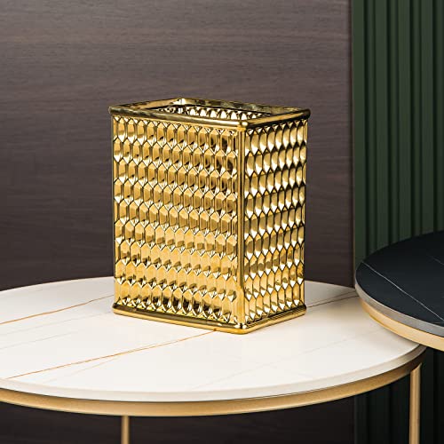 Ceramic Gold Square Trash can Waste Basket, Decorative Garbage Can for Bathroom, Bedroom, Home Office, Kitchen, Dorm, College (1.5 Gallon, Small, Open Top)
