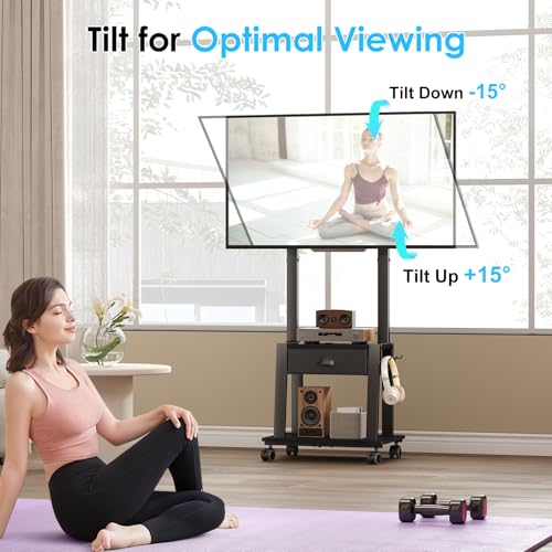 Aokitsink Mobile TV Stand with Drawer for 23-60 Inch TVs, Tilt Rolling Cart, 2 Shelves, Height Adjustable, 50 lb Capacity, VESA 400x400mm – Black