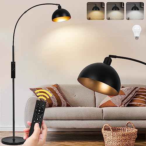 ¡¼Upgraded¡½Black Arc Floor Lamps for Living Room - Dimmable Arched Floor Lamp with Remote Control & 2700-6000K 9W LED Bulb Included, Modern Arch Standing lamp, Industrial Tall Lamp for Bedroom Reading