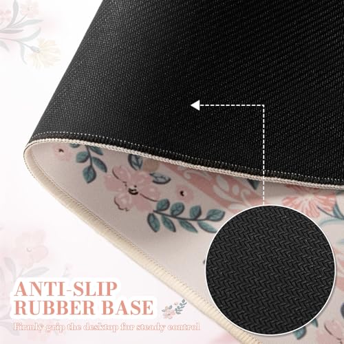 iCasso Pink Floral Desk Mat, Desk Pad, XXL Large Mouse Pad, Anti-Slip Big Mousepad with Stitched Edges, Computer Mouse Pads for Desktop for Women(Pink)