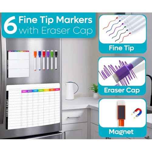 Magnetic Chore Chart Dry Erase Whiteboard Set - Pocket Charts for Multiple Kids, Teens & Adults (15"x 11.5"), Daily to-Do, Grocery, Notes (9"x 7") -Behavior Chart for Fridge & 6 Fine Tip Markers