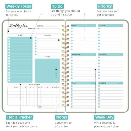Undated Weekly Planner, Weekly To Do List Notebook with Goal & Habit Tracker Organizer, A5 Weekly Planner Notebook with Spiral Binding, 6.1" x 8.2" - Green