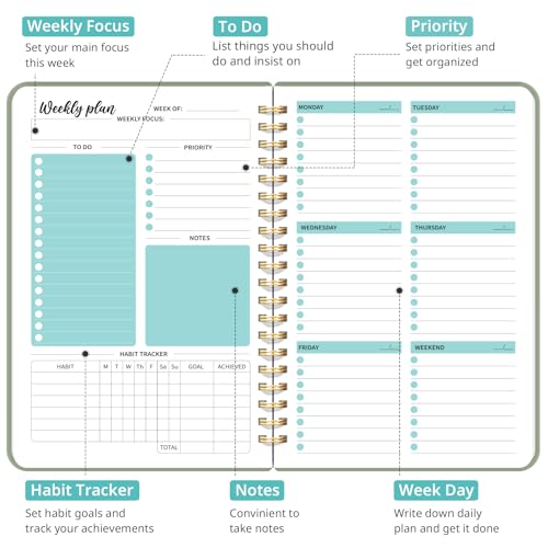Taja Undated Weekly Planner with To Do List & Habit Tracker - A5 Green