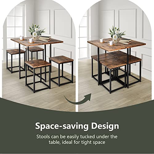 COSTWAY 5-Piece Dining Set for 4 Brown Square Table with 4 Stools