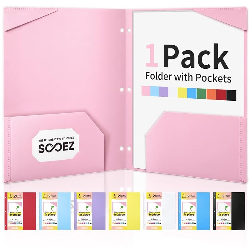 Pink 2-Pocket Plastic Folder with 3-Hole Punch, Sturdy Document Organizer