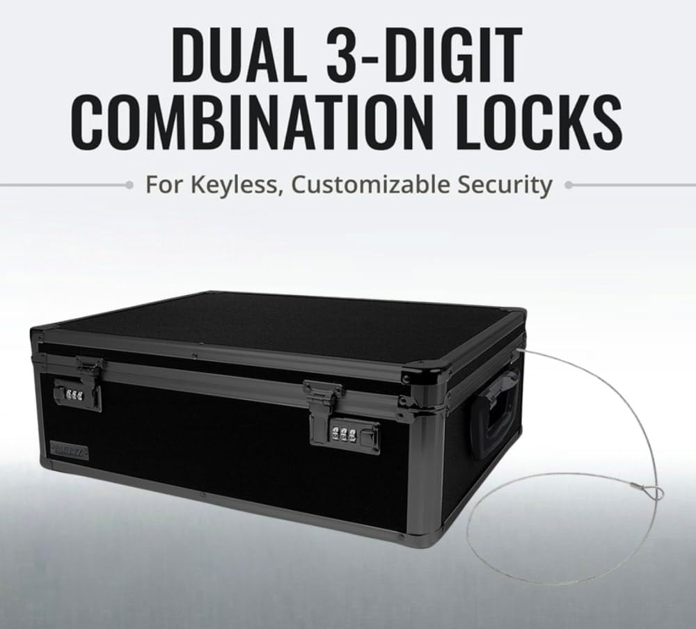 Vaultz Storage Lock Box - Lockable 6.5 x 19.25 x 13.5 Inch Trunk with Combination Lock | Black on Black