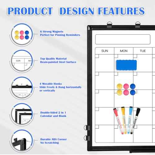Monthly Calendar Dry Erase Whiteboard, 24" x 18" Magnetic Calendar White Board, Double-Sided Portable Board with Black Aluminium Frame for Office, Kitchen, School, Home