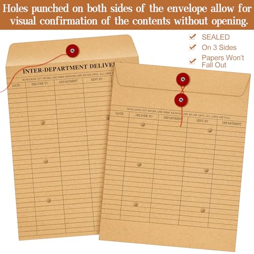 Motiskyy 200 Pack Interoffice Kraft Envelopes with String Tie & Button Closure, 10x13 Inches