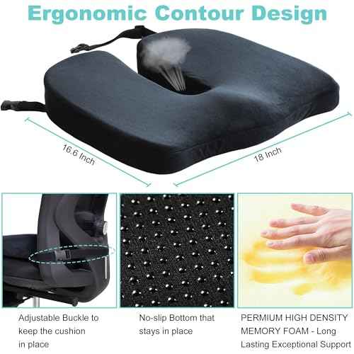 Large Pressure Relief Office Car Seat Cushion,10-Inch Extended U-Cutout,Sciatica & Back Coccyx Tailbone Pain Relief Chair Pad,Memory Foam Butt Pillow for Computer Desk,Wheelchair, Car