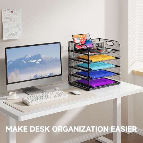 Cawukege Black 5-Tier Mesh Paper Organizer with Handle for Desk, Office & Classroom