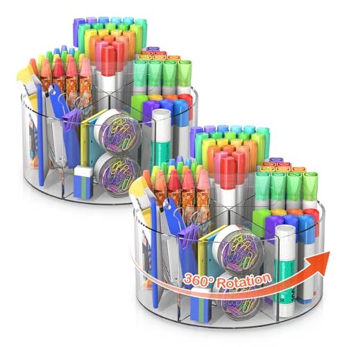 Acrylic Pen Holder, 2 Pack 360 Rotating Organizer With 6 Compartments, Desk Office Storage for 800 Pens, Markers, Crayons and Art Supplies