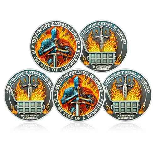 CHURYUML 5Pcs The Strongest Steel Dumpster Fire Coin Set Knight Motivational Medallions for Staff Appreciation Gifts Funny Office Gifts for Colleagues Humorous Office Decor Encouragement Gifts
