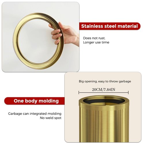 LEASYLIFE 9L/2.4GAL Gold Bathroom Trash can, Brass Bathroom Garbage can Without lid, Small Gold Black Wastebasket for Bathroom, Children's Room,Hotel, Office (Gold)