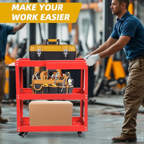 DWVO 3-Tier Rolling Tool Cart, 550lbs Capacity Utility Cart on Wheels, Durable Metal Construction with Screwdriver Board & Storage Box, Ideal for Garage, Warehouse Mechanic Work, Red