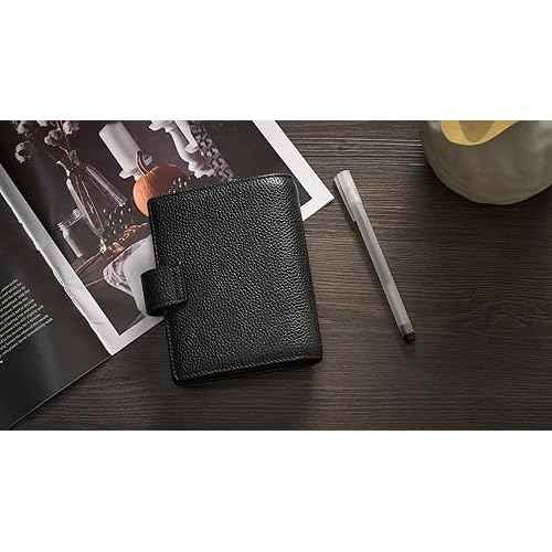 Leather A7 Binder Wallet, Refillable 6-Ring Pocket Size Ring Planner, Deluxe Planner Organizer with Planner Inserts and Exquisite Package (Black)