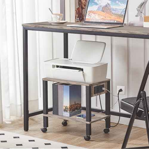 HOOBRO 2-Tier Printer Stand with Charging Station, Under Desk Printer Table, Printer Cart with Storage Shelves, Shelf for Small Spaces, for Home Office, Greige and Black BG38UPS01